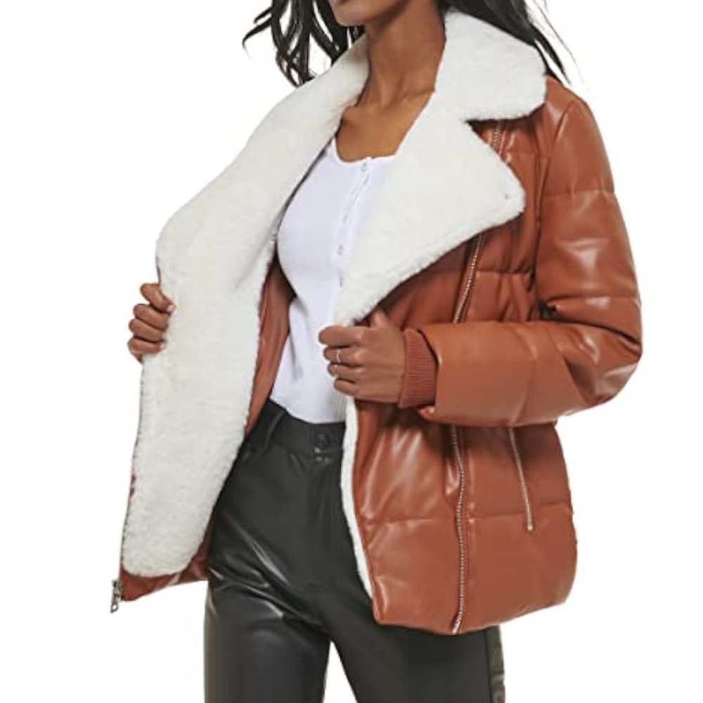 Levi’s Womens Breanna Camel Puffer Moto Jacket Faux Fur NWOT Size Small